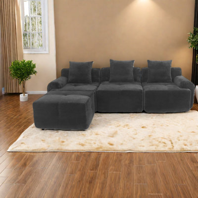 Spacious Black L-shaped Sofas, Pineapple Lattice Fabric For Family Rooms
