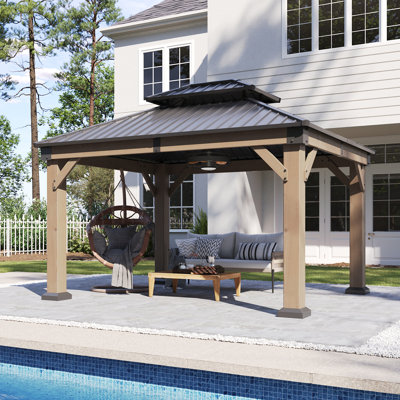 Pavillon de jardin en cèdre 12 po x 10 pi avec toit en acier galvanisé double pour patio, cour arrière et terrasse