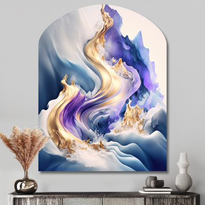 «Blue and Gold Splash Paint III - Abstract Spirals Arch», art mural en métal bleu asymétrique