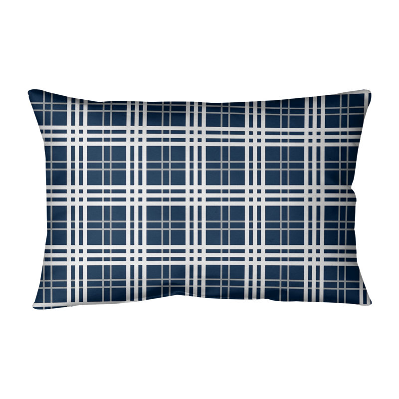 Plaid Leather/Suede Reversible Throw Pillow, College Navy/Wolf Gray/White, Poly Twill
