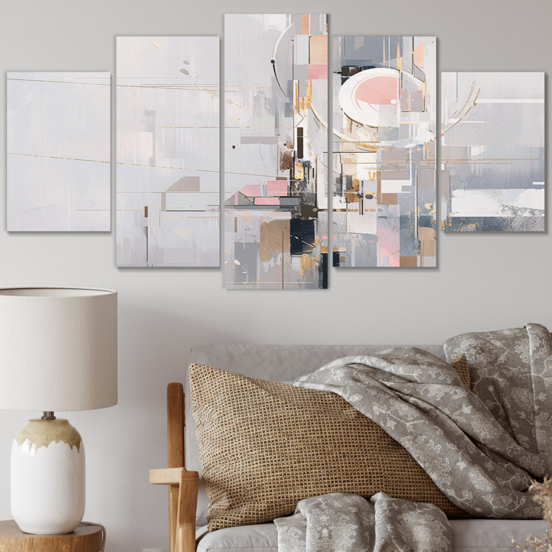 «Pink and Gray Mosaic Echoes I», impression d'art mural cubisme - 5 panneaux