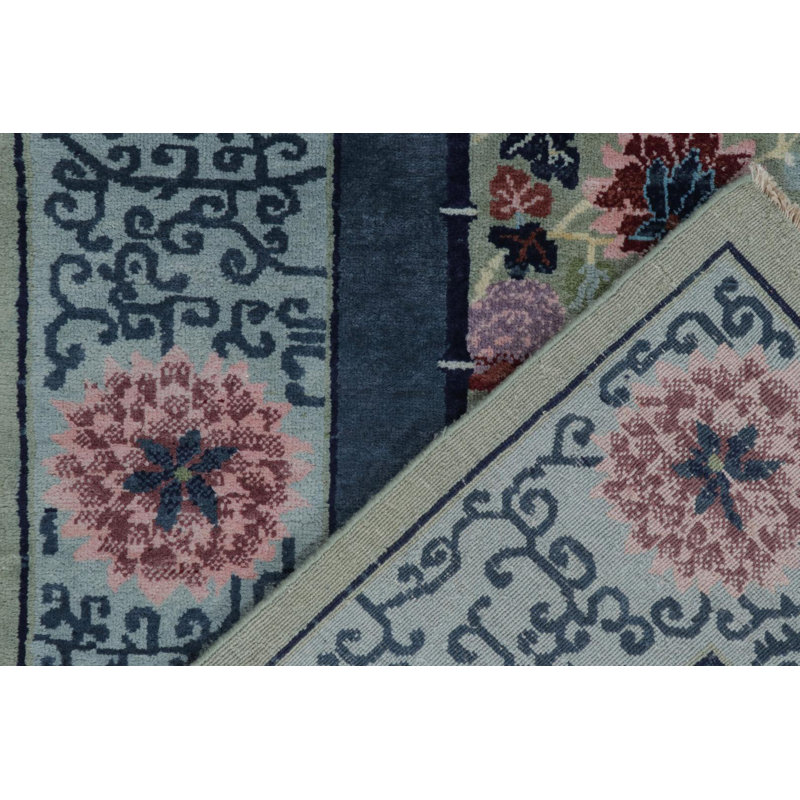 Rug & Kilim’S Chinese Art Deco Rug In Green With Blue Floral Patterns, Rectangle 8' x 10'