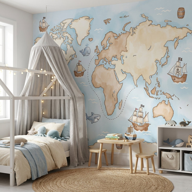 Papier peint carte du monde océan nautique, Texturé non collé, 100 po x 96 po