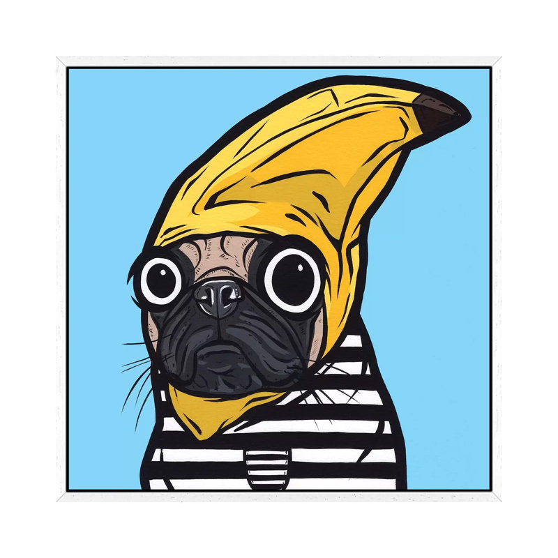 Banana Pug by Allyson Gutchell - Print on Canvas, White Framed, 45.72 cm H x 45.72 cm W