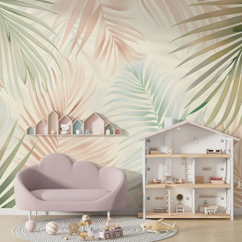 Feuilles de palmier tropicales pastel, L 108 po x l 96 po