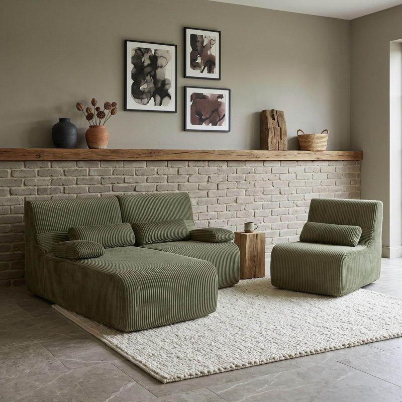 Canapé d'angle modulaire en forme de L 3 places avec assise ergonomique incurvée, coussins d'accoudoirs et oreillers, Vert