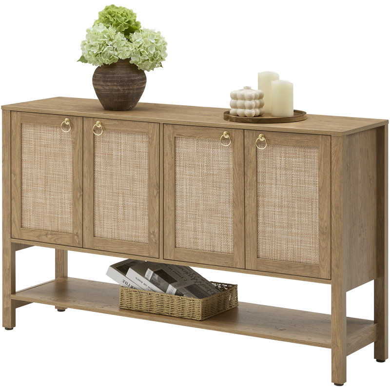 Pomodoro Boho Rattan Sideboard With 4-Door And 1- Open Shelf,  Versatile Storage Cabinet, Carbon Cherry