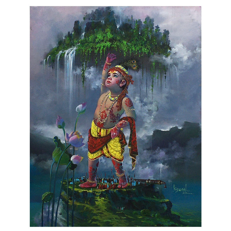 Giridhar Gopal Hold Govardhan Mount | Acrylic Painting On Canvas | By Bijay Biswaal