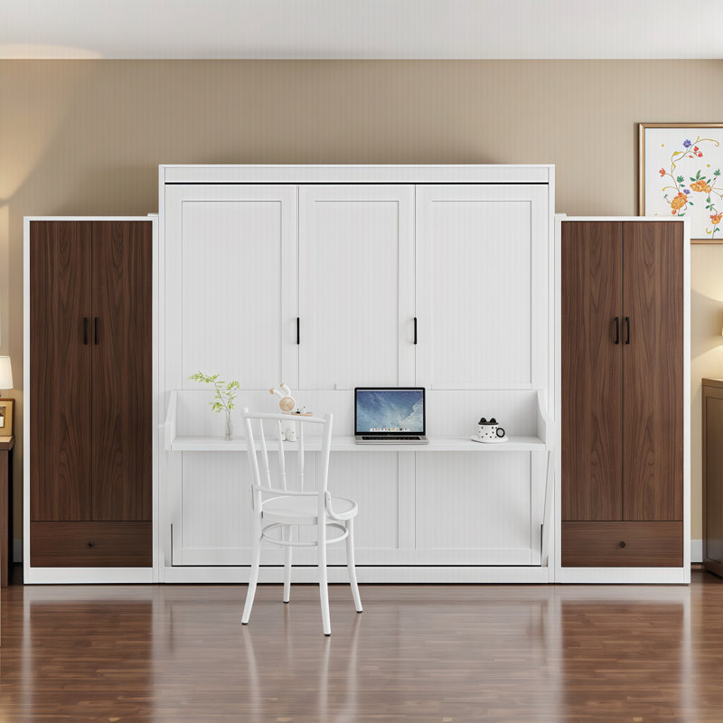 Grand lit escamotable mural avec bureau intégré, placard de rangement, tiroirs | Solution de bureau et de chambre à coucher pliable peu encombrante