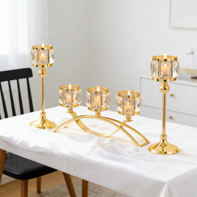 Bougeoir en cristal à 3 bras avec porte-bols, décoration de table et de mariage élégante, base en métal doré pour décorations pour la maison et les événements