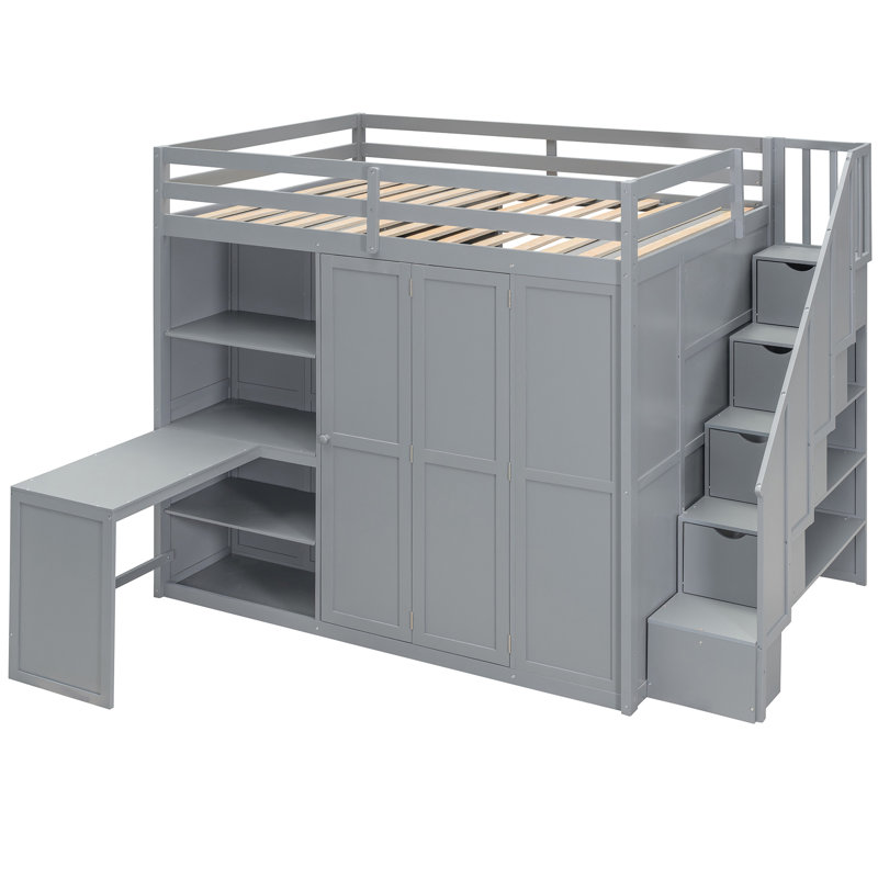 Lit mezzanine double avec garde-robe, bureau et tablettes en gris, transition harmonieuse vers un espace de rangement privé, améliorant la fonctionnalité de votre chambre à coucher