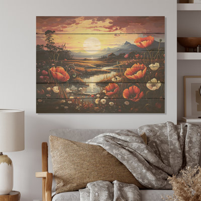 «Orange Crimson Flower S Embrace», art mural en bois sur bois de pin naturel