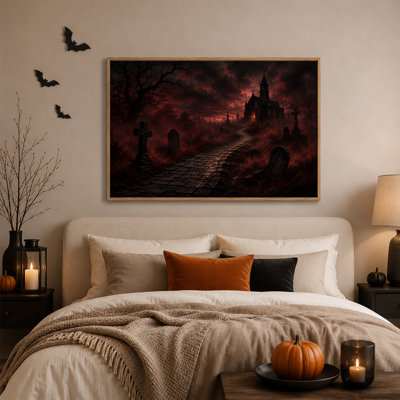 Église gothique et cimetière sous un ciel rougeoyant - Toile murale d'Halloween