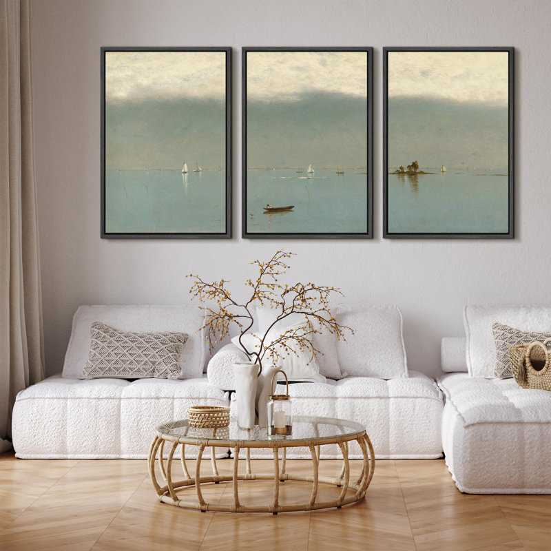 Sailboat " Peaceful Lake Scenery Sailboat Nature Landscape Illustrations Modern Art Decor Rustic " 3 - Pieces, Noir