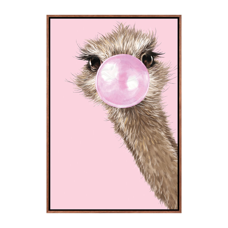 Autruche avec gomme à bulles rose par Big Nose Work - impression d'art graphique, H 40 po x l 26 po x P 1,5 po, Pas de tapis