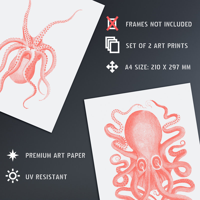 Pink Octopus Marine Sea Life 2-Piece Set Unframed Wall Art Prints Bathroom Bedroom Aesthetic Vintage