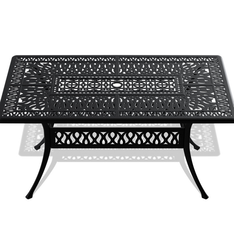 Table de patio en aluminium coulé 57,68 po x 35,36 po, structure noire, trou pour parasol, antirouille, peu encombrante, table de salle à manger pour 6 personnes - noire, forme rectangulaire, capacité de 160 lb, résistance