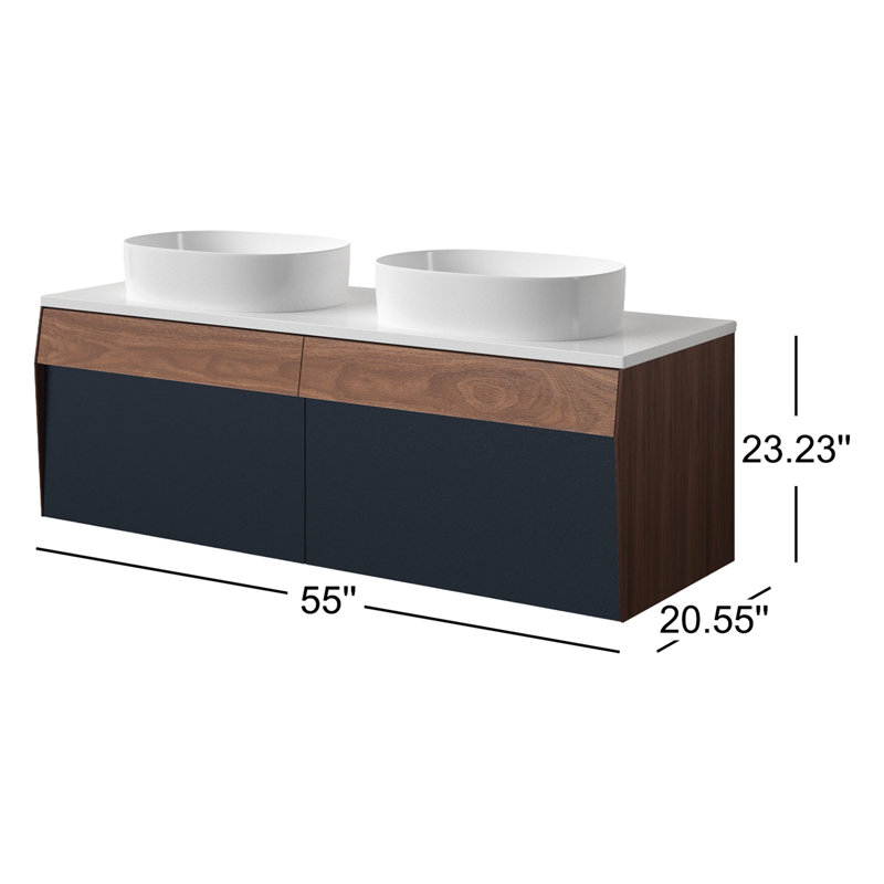 Ronda 55'' W Double Wall-Mounted Vanity, Light Brown/Dark Blue