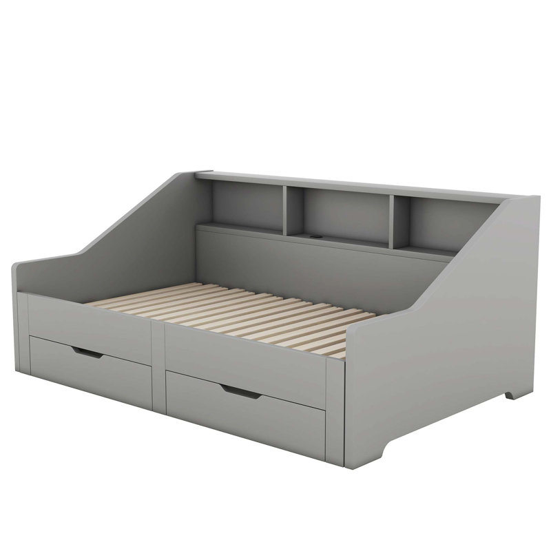 Daybed Frame With Storage Bookcases, 2 Drawers & Charging Design, Gray