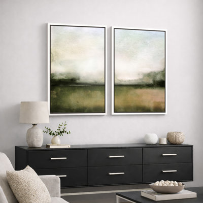 «Minimal Landscape», art à l'aquarelle vert pâle, images murales minimalistes classiques simples, impression sur toile encadrée, ensemble de 2 pièces, 16 x 24 x 2, 24 x 36 x 2