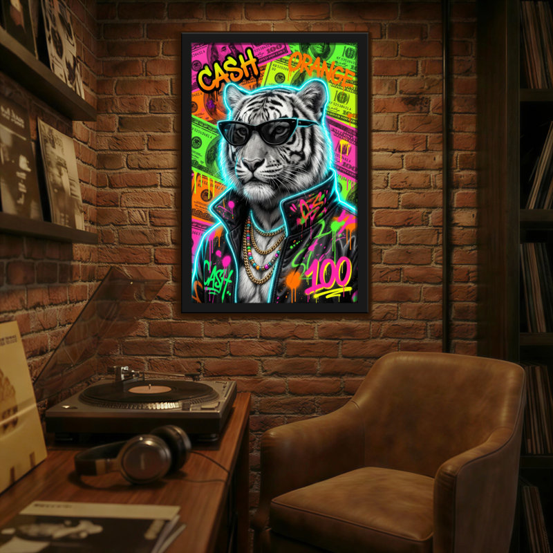 Animaux, argent, tigre, argent, graffiti, art de style néon, H 36 po x l 24 po