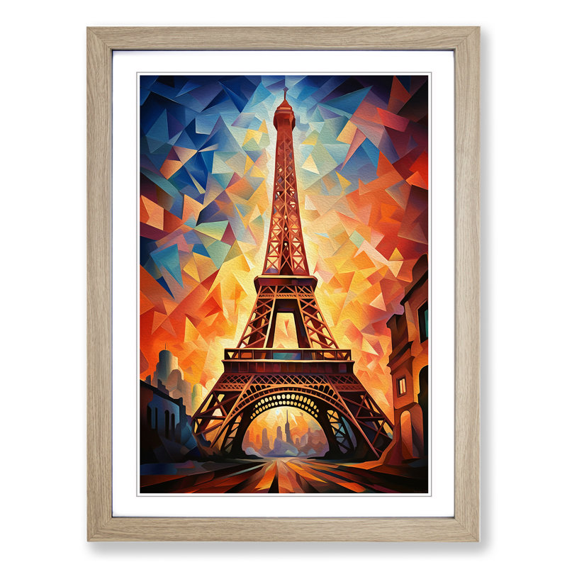 Eiffel Tower Cubism - Single Picture Frame Print on Wood, 34cm H x 25cm W, Oak Framed