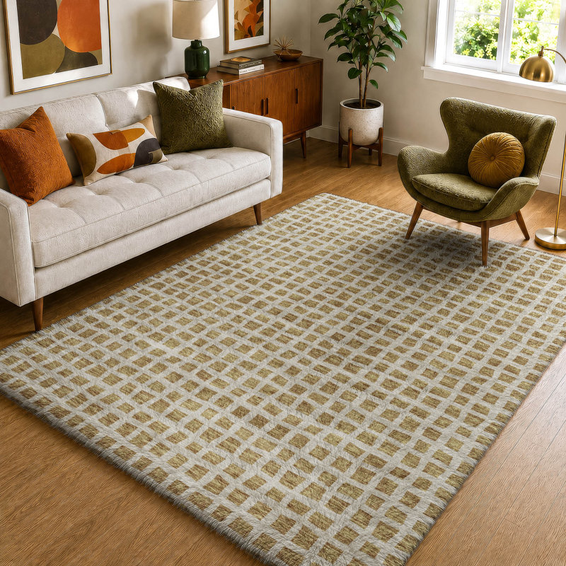 Tapis géométrique Dream Shag ADS727 lavable à la machine de qualité supérieure, Doré, 3 pi x 5 pi
