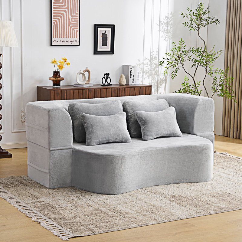 Floor Sofa Couch With Pillows, Light Gray