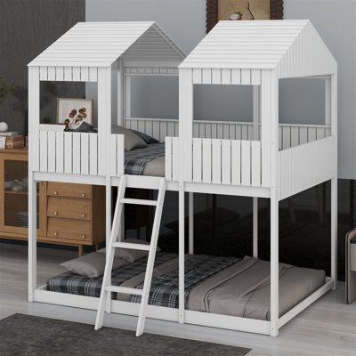 Wood Bunk Bed With Roof, Window, Guardrail