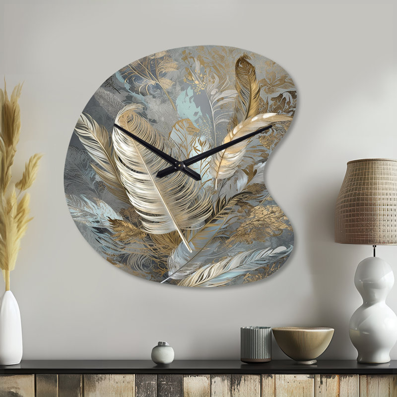 Horloge murale en forme de plume dorée, horloge murale en métal, Petit
