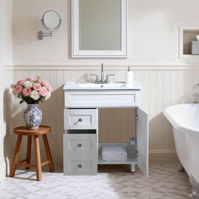 30" Modern Free-Standing Single Bathroom Vanity With Ceramic Top, White
