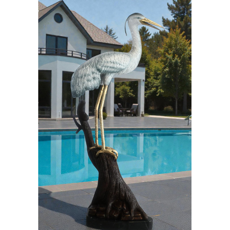 Sculpture bronze en forme de héron sur base de marbre en bois flotté 17 po x 17 po x H 37 po
