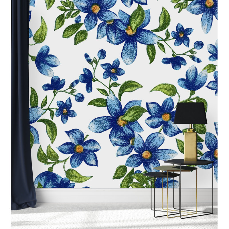 Vinyl Wallpaper With Blue Flowers M1279, 100" W x 8.33" L
