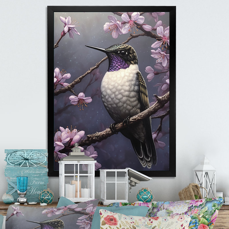Oiseau mauve sur une branche d'arbre sur toile, Cadre photo noir, H 20 po x l 12 po x P 1 po