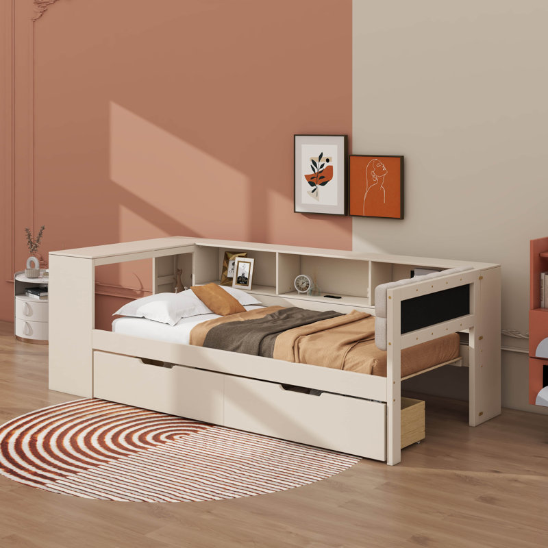 Twin Size Platform Bed With Shelves, Drawers And Upholstered Headboard, Twin, Cream