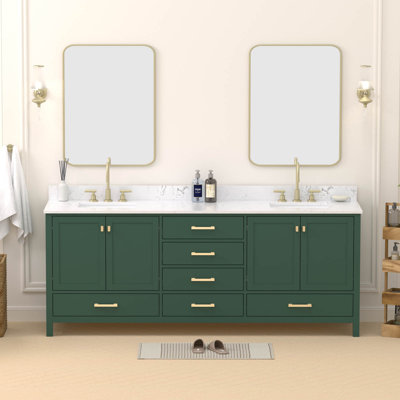 84" Solid Wood Freestanding Double Bathroom Vanity With Engineered Stone Top