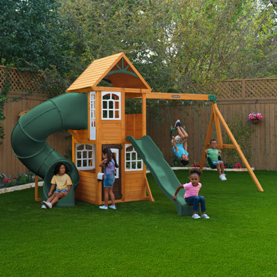 Castlewood Wooden Swing Set, Green Slide