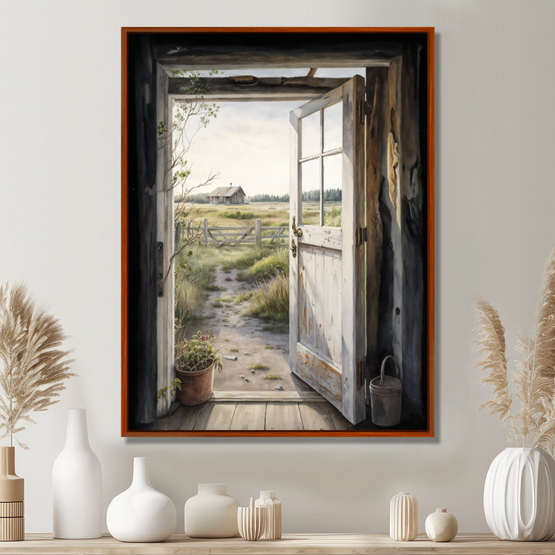 «View From A Cottage Country Door I - Farm Landscape», art mural, H 32 po x l 16 po, Cadre flottant brun
