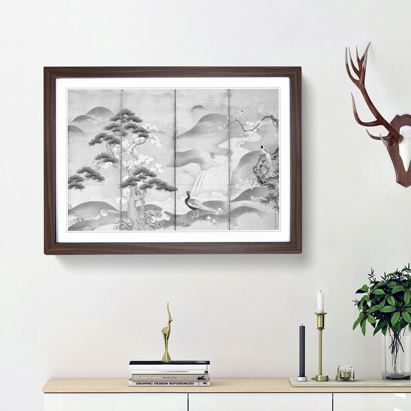 Birds & Flowers of the Four Seasons by Kano Tan'yu - Picture Frame Painting Print, 27cm H x 36cm W x 2cm D, Walnut Framed