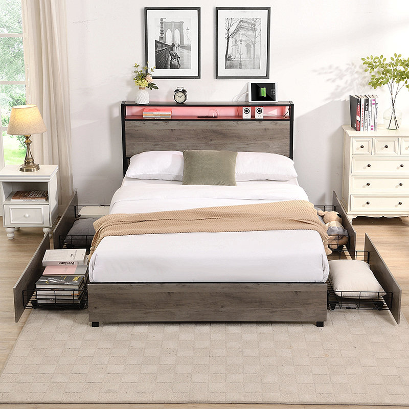 Bed Frame, Storage Headboard With Charging Station, Solid And Stable, Noise Free, No Box Spring Needed, Easy Assembly, Full