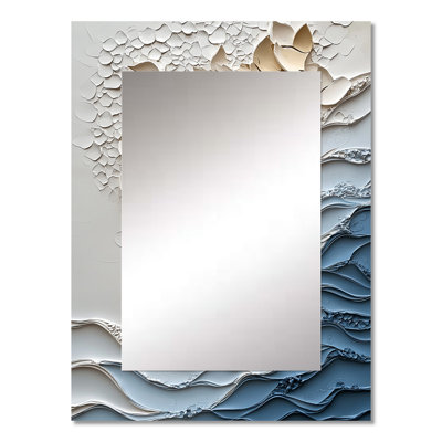 White And Blue Coastal Mosaic III - Coastal Decorative Mirror, White Wall Mirror, Printed Metal Art