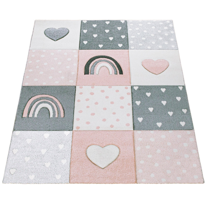 Falisa Checkered Kids Rug in Pink/Grey/White, Rectangle 2'8" x 4'11"