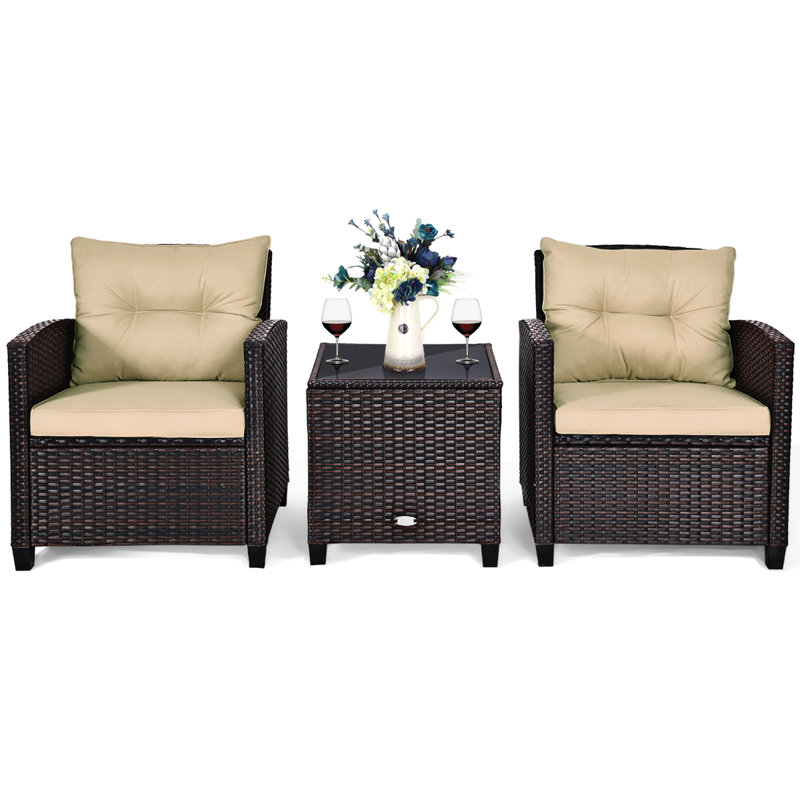 Ensemble de conversation en rotin 3 pièces avec coussins Chunn, Beige, Gris foncé