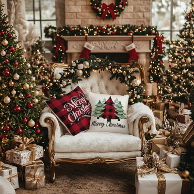 4-Piece Merry Christmas Pillowcase Set, 18.2X18.2 Inches, Christmas Tree Truck + Buffalo Check Design, Farmhouse Style, Perfect For Matching Home Decor, Full Of Festive Atmosphere