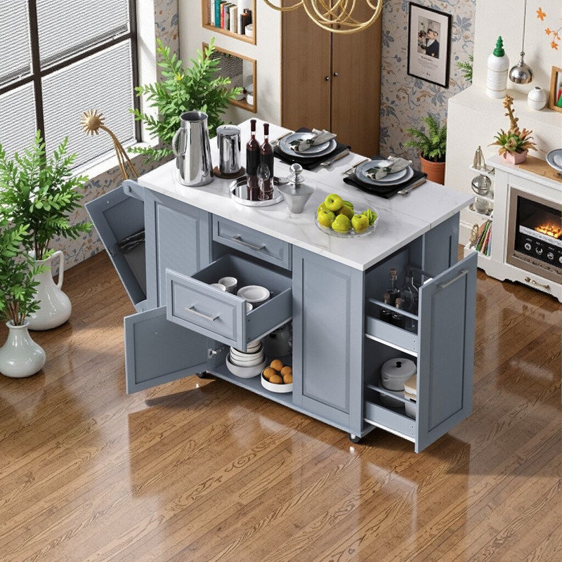 Îlot de cuisine mobile 50,7 po avec armoire à ordures dissimulée avec abattant et 5 roulettes