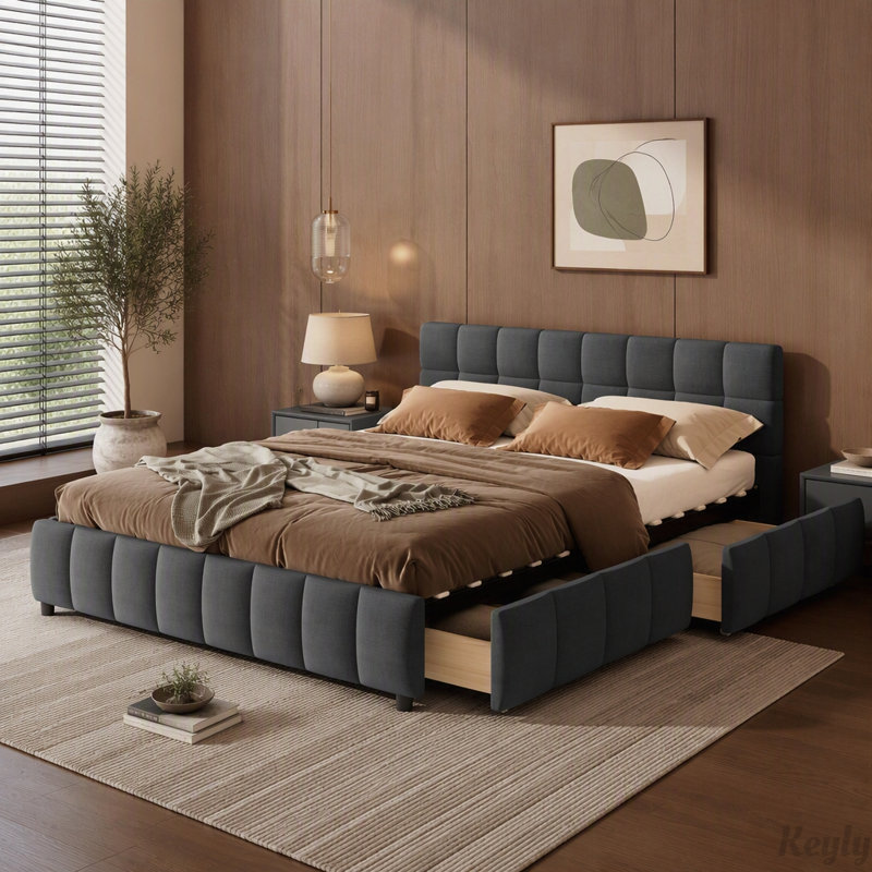 Lit plateforme capitonné avec 4 tiroirs de rangement et tête de lit à motif quadrillé, Grey