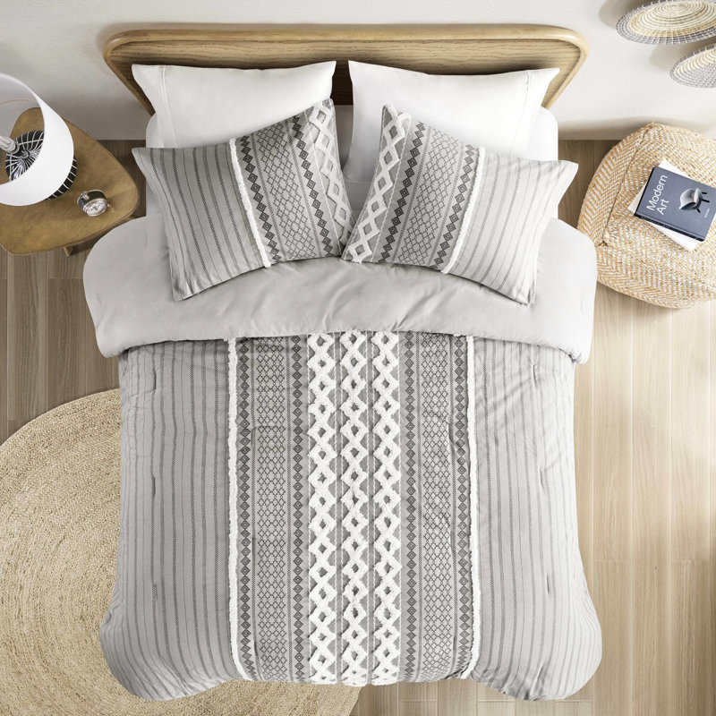 Édredon très grand / très grand en gris, 100% coton avec chenille, motif, rembourrage, 2 taies décoratives assorties, très grand chenille, imprimé gris, ouverture à chevauchement