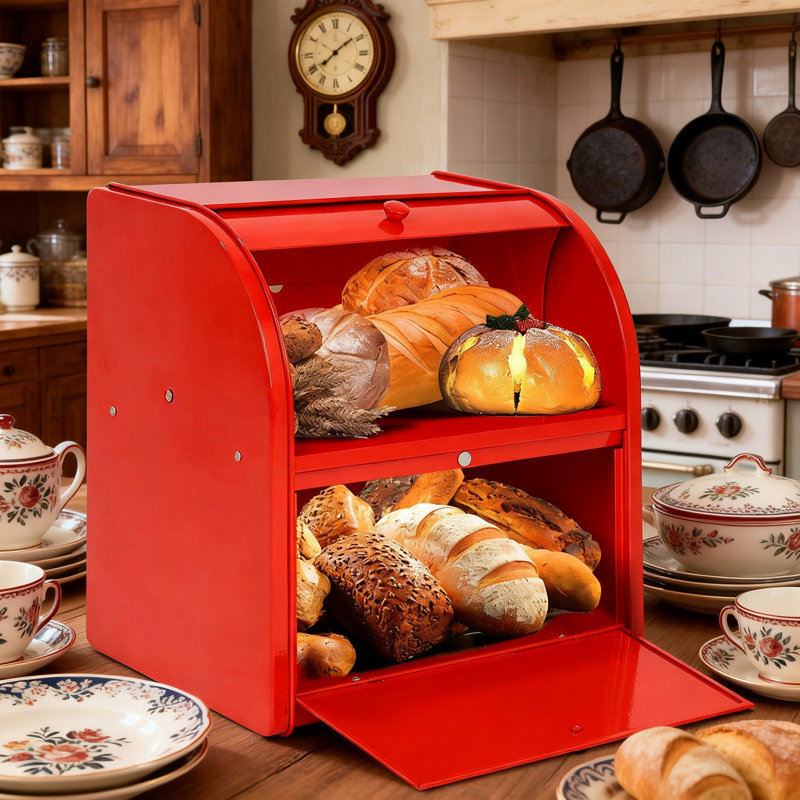Bread Box, Metal Bread Box, 2 Layer Roll Top Bread Boxes, Stainless Steel Bread Storage, Kitchen Counter Bread Bin(Red)