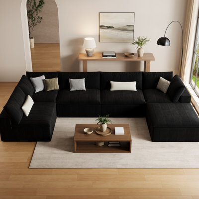 157" Compression Modular Sectional Sofa, Upholstered L-Shaped with Ottoman and Deep Seat for Living Room, Black