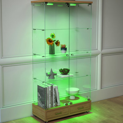 Elegant Four - Tier Glass And Cabinet With 2 Drawers, 4 Shelves, 13 Colour Led, Secure Storage For Bedroom, Office Collectibles Stylish Quick Assembly, Drawers Small Spaces In